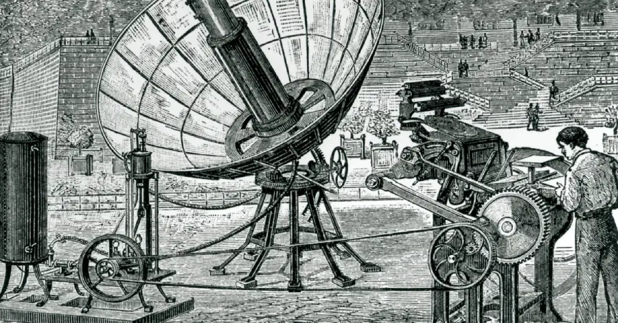 An old black-and-white illustration of a large mechanical device with a parabolic dish, gears, and belts, operated by a person, likely representing early scientific or astronomical equipment.