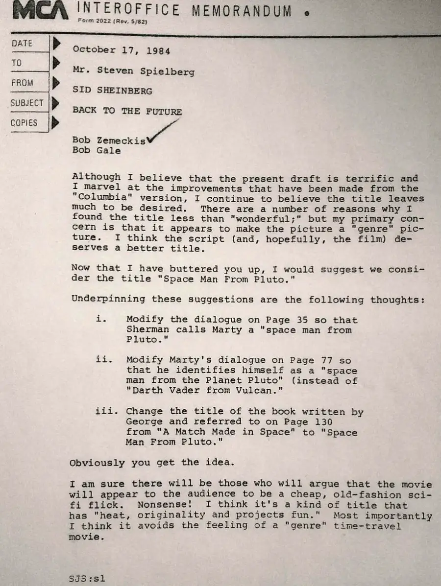 A typed memo dated October 17, 1984, from Bob Zemeckis and Bob Gale to Steven Spielberg and Sid Sheinberg, discusses possible alternatives to the film title "Back to the Future," suggesting "Space Man from Pluto.