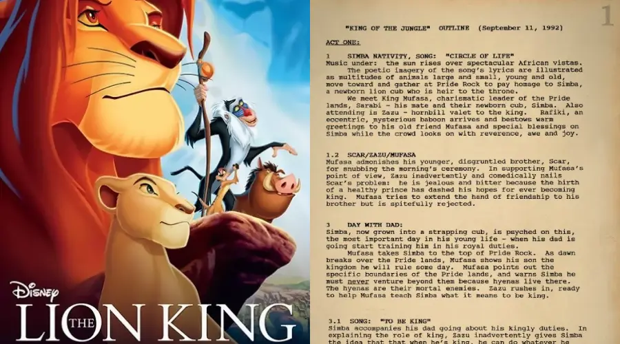 The image shows the poster of Disney’s "The Lion King," featuring Simba, Mufasa, Rafiki, Timon, and Pumbaa, alongside a page of the original 1992 movie outline titled "King of the Jungle" with act summaries and song notes.