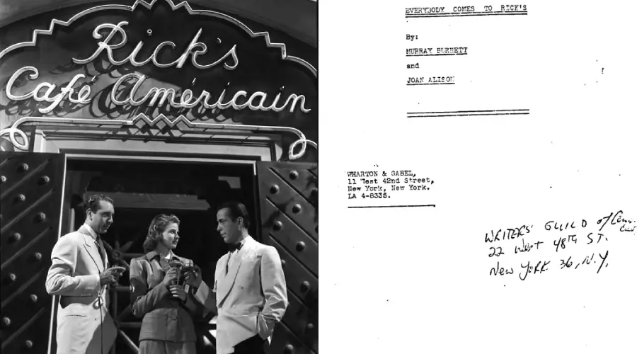 Left: Three people stand outside Rick’s Café Americain under a neon sign. Right: A vintage cover page of the script for “Everybody Comes to Rick’s” with typewritten and handwritten text.