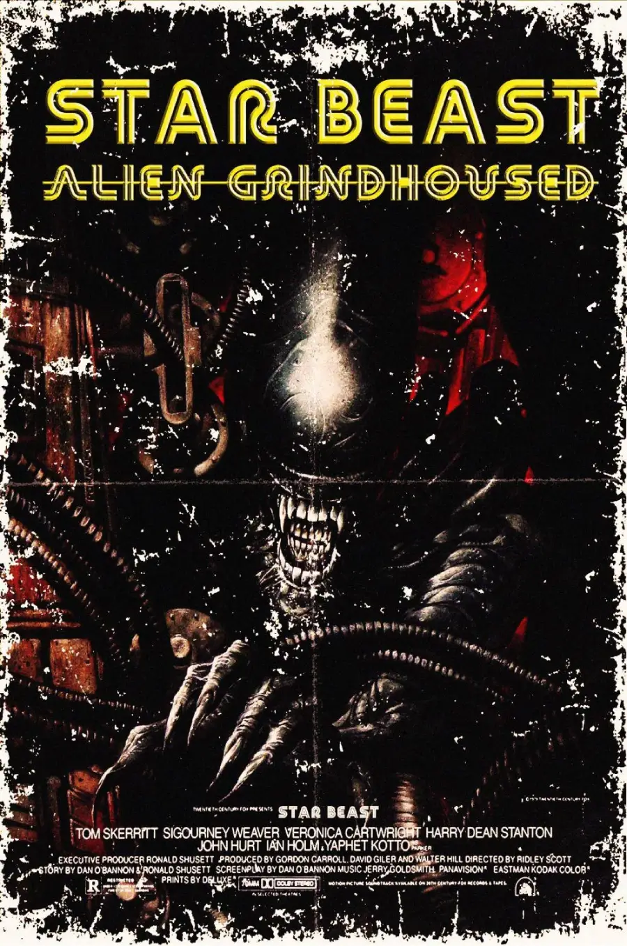 A distressed, vintage-style movie poster reads "Star Beast Alien Grindhoused." It features a menacing alien creature with sharp teeth, surrounded by darkness. Cast names and credits appear at the bottom in white text.