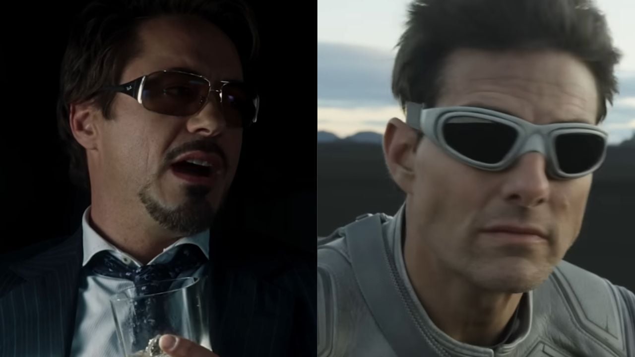 A split image shows two men: on the left, a man with dark hair, glasses, and a goatee in a suit; on the right, a man with short hair wearing silver goggles and a gray suit outdoors.