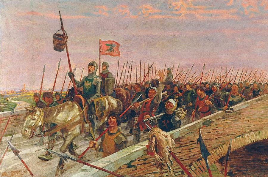 A painting of medieval soldiers in armor marching across a stone bridge with spears and a red flag; one rider holds a bucket aloft on a pole, and the sky is painted with soft pink clouds.