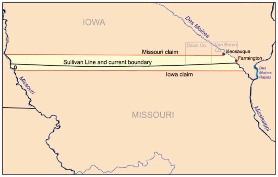 A map showing the Iowa-Missouri border area, highlighting the “Sullivan Line and current boundary,” alongside the Missouri and Iowa claims, and marking locations like Des Moines, Van Buren, Keosauqua, and Farmington.