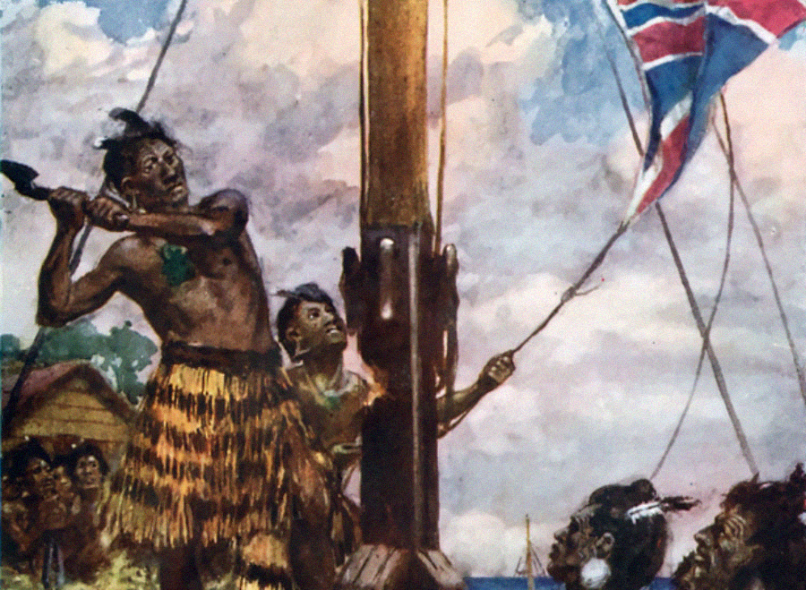 A Māori man in traditional attire swings an axe at a mast holding a British flag, while others watch. The scene suggests resistance, with dramatic expressions and dynamic movement under a cloudy sky.