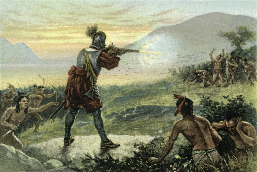 A European colonist in armor fires a musket at a group of Indigenous people, some of whom are fleeing or collapsing, in a landscape with mountains and vegetation at sunset.