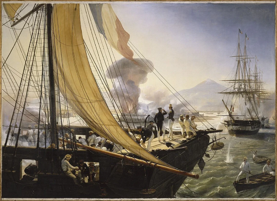 A naval battle scene with sailors on a wooden ship's deck, firing cannons toward distant ships and smoke rising in the background; mountains and another ship with raised flags are visible across the water.