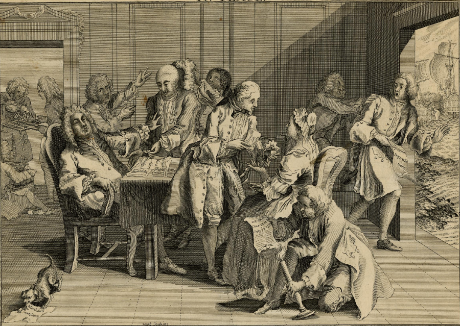 A detailed etching shows a group of elegantly dressed people in an 18th-century interior. Some converse around a table, while others interact nearby. A dog is at a man's feet, and another man looks out an open door.