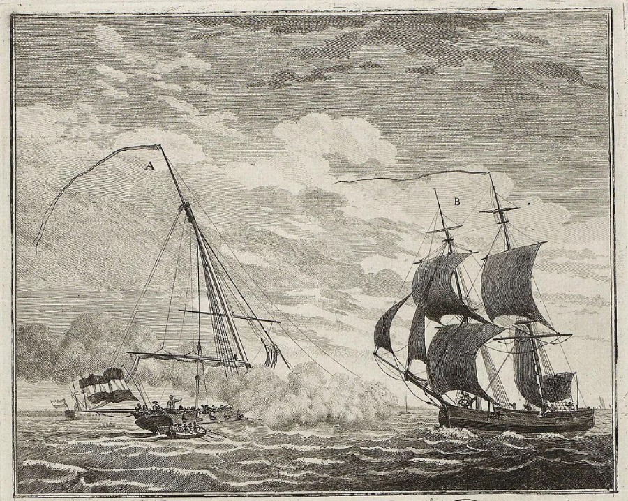 A black-and-white illustration of two sailing ships at sea, one firing its cannons at the other. Smoke billows from the attack, and a small rowboat with people is seen near the damaged ship. The sea appears choppy.