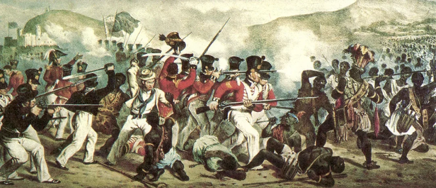 A chaotic battle scene shows Haitian revolutionaries fighting French soldiers in red coats; smoke, weapons, and bodies fill the foreground, with mountains and buildings in the distance.
