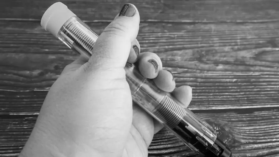 A person with painted nails holds an insulin pen against a wooden surface in a black-and-white photo.