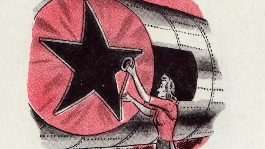 A woman attaches a large black star emblem onto the side of a metallic, cylindrical object, possibly an aircraft, with a red circular background. The illustration has a vintage, retro style.