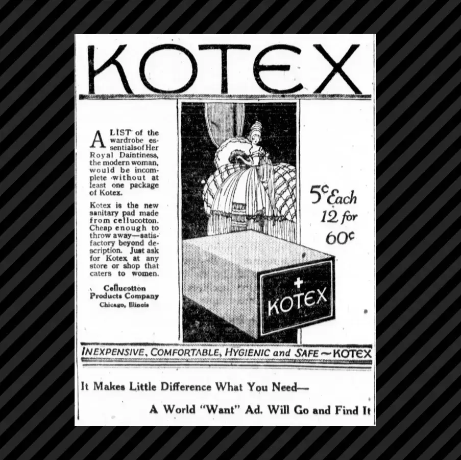 Vintage black-and-white Kotex ad featuring a woman in a large dress near a wardrobe, a product box in the foreground, and pricing details: 5¢ each or 12 for 60¢. The text emphasizes comfort, hygiene, and safety.
