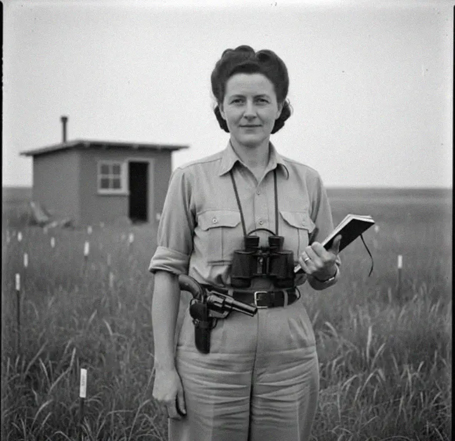A woman stands in a grassy field holding a notebook, with binoculars and a holstered gun on her belt. A small building is in the background, and white markers are scattered in the grass.