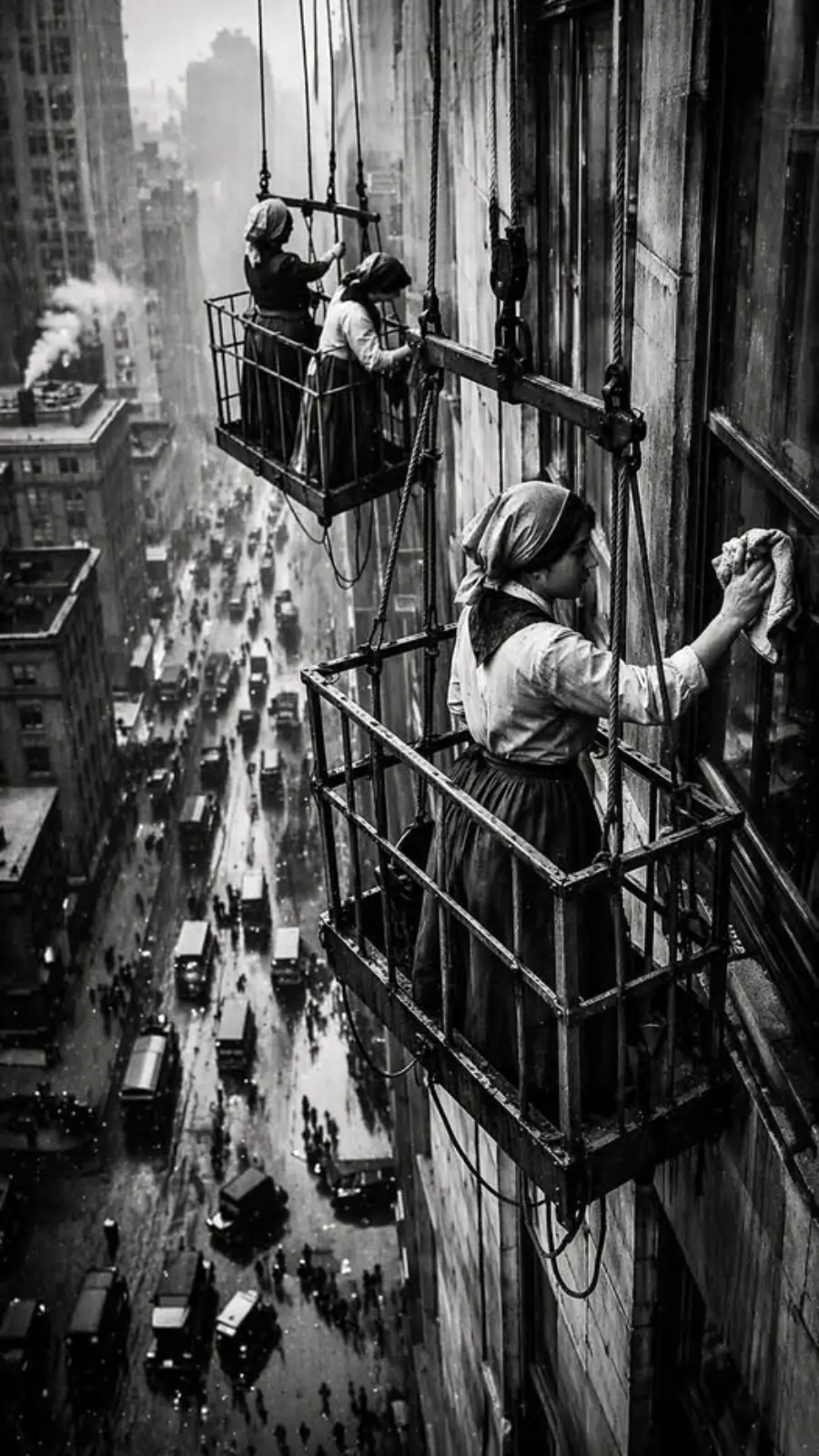 Two women in headscarves clean windows from suspended platforms high above a busy city street, filled with cars and people on a rainy day; the scene is in black and white with a vintage feel.