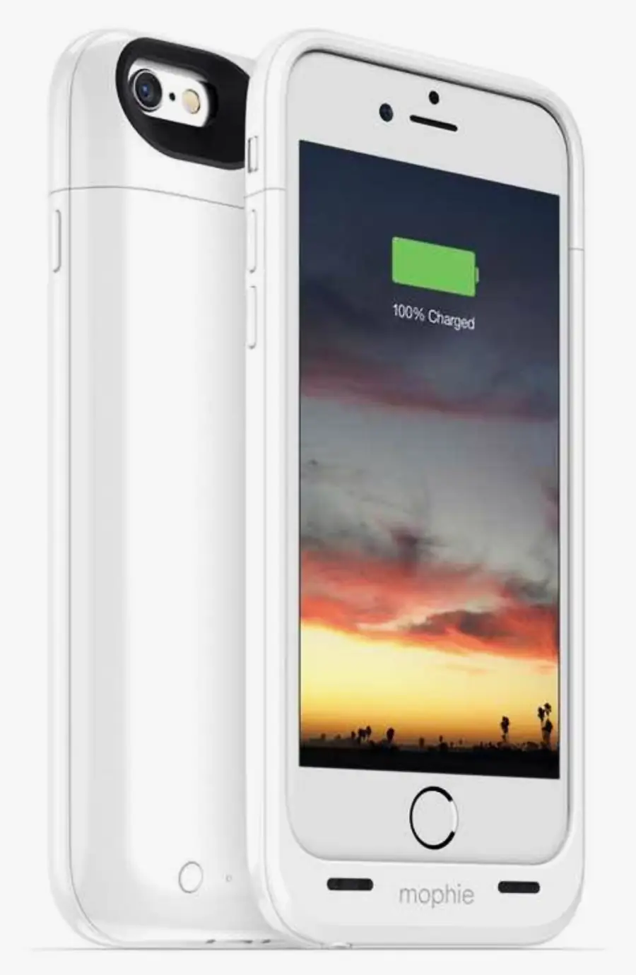 A white iPhone in a matching white Mophie battery case, shown from the front and back, with the screen displaying a full battery icon and a sunset wallpaper.