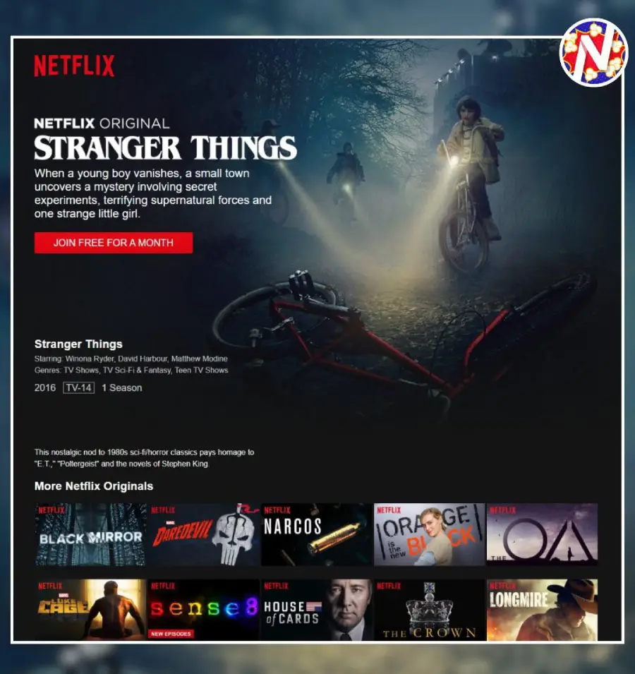 Screenshot of the Netflix homepage featuring "Stranger Things," with a promotional banner showing three kids with flashlights by a broken bike in a dark, foggy forest. Below are thumbnails of other Netflix Originals.