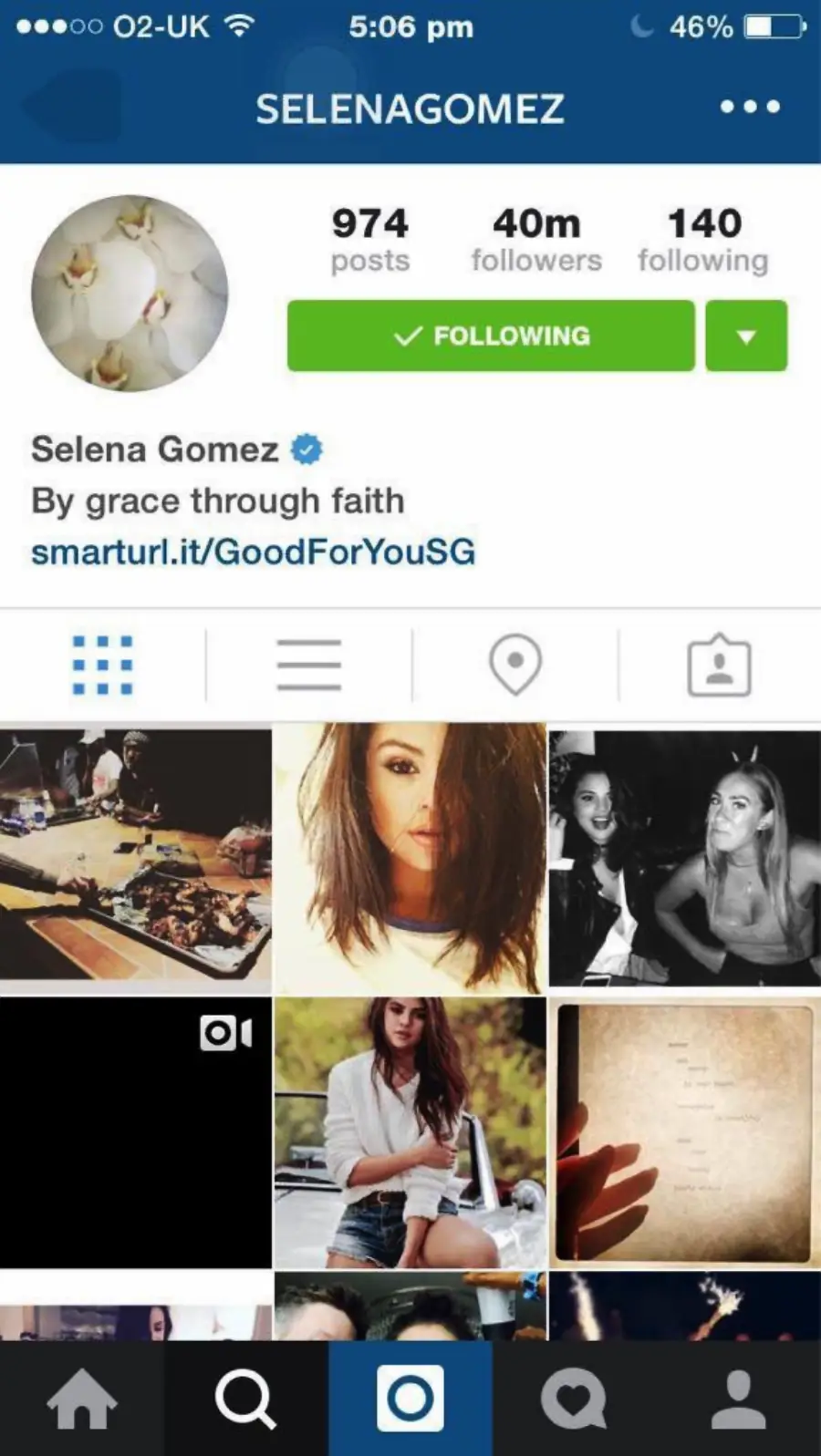 Screenshot of Selena Gomez’s Instagram profile, showing her profile photo, 974 posts, 40 million followers, 140 following, bio text, and a grid of recent photo posts below.