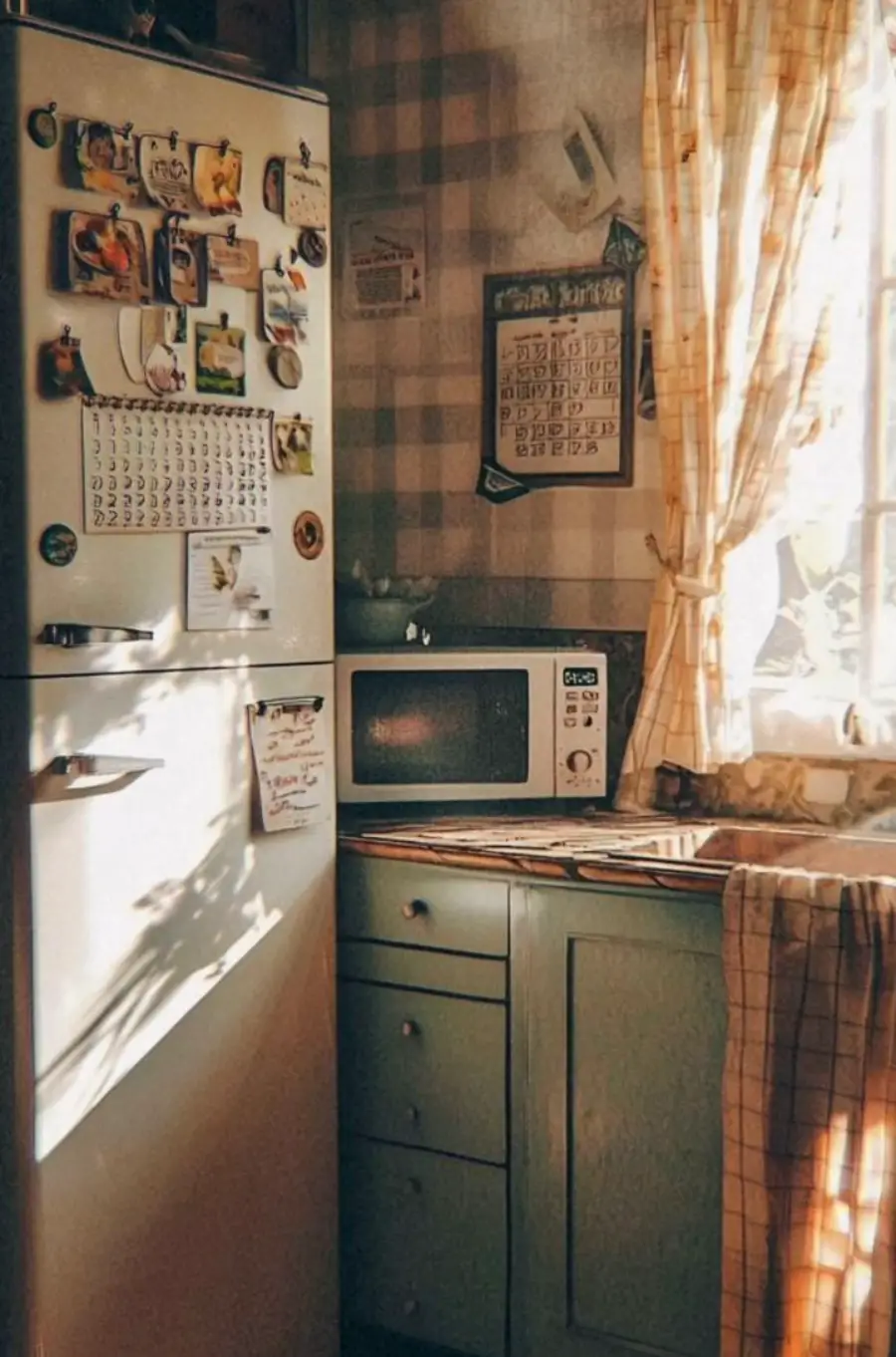 A cozy kitchen corner with sunlight streaming in through a window with plaid curtains, casting shadows on a fridge covered in magnets and notes, next to a microwave on a green cabinet.