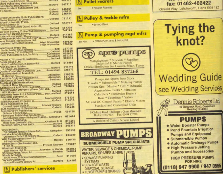 A yellow newspaper page displays classified ads for pump and water-related services, alongside a bold “Tying the knot?” wedding advertisement and contact numbers for various businesses.