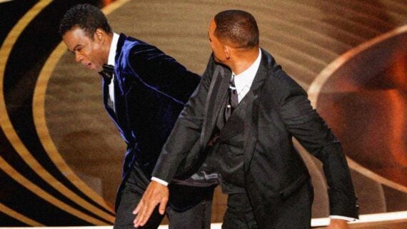 Will Smith confronting Chris Rock onstage during the 2022 Academy Awards controversy.
