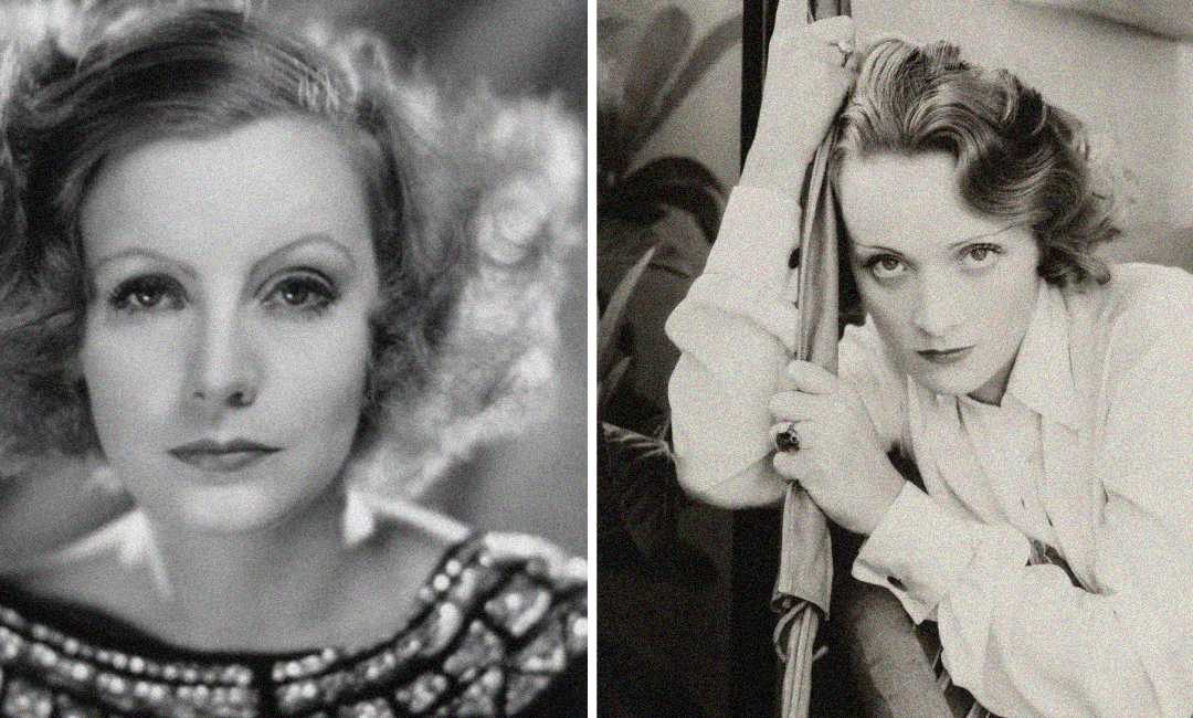 Two black-and-white vintage portraits of a woman with wavy hair; on the left, she gazes directly at the camera, and on the right, she leans on a pole, staring intensely.