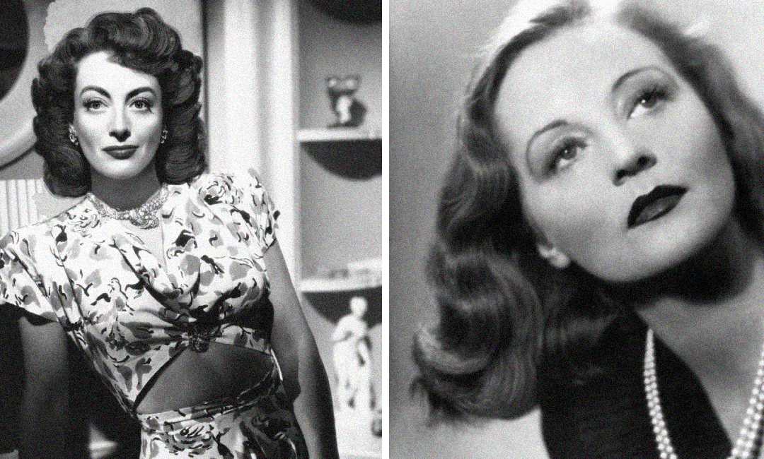 Two black-and-white portraits of glamorous women from the mid-20th century, one wearing a patterned dress and the other with wavy hair and a pearl necklace, both looking away from the camera with serious expressions.