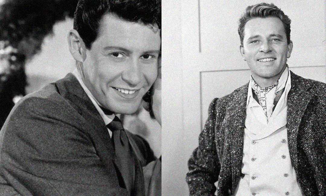 A black-and-white split image shows two smiling men in vintage attire; the man on the left wears a suit and tie, while the man on the right wears a patterned jacket and cravat.