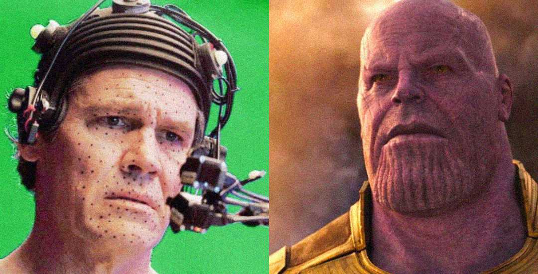 A split image shows an actor wearing motion capture equipment and facial markers on the left, and the CGI character Thanos from the Marvel movies on the right.
