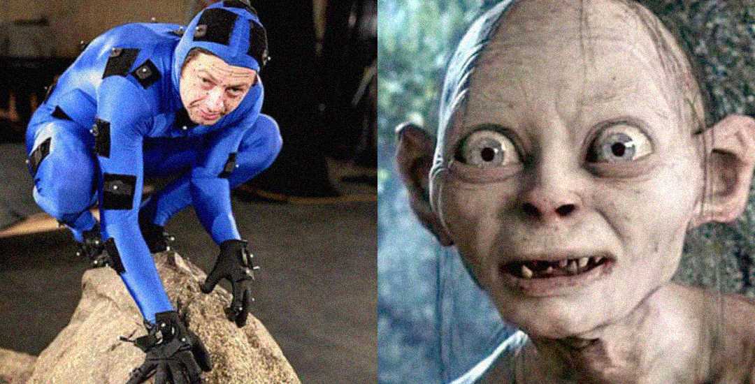 A person in a blue motion capture suit crouches on a rock in a studio; next to this, the CGI character Gollum from "The Lord of the Rings" is shown with wide eyes and sharp teeth.