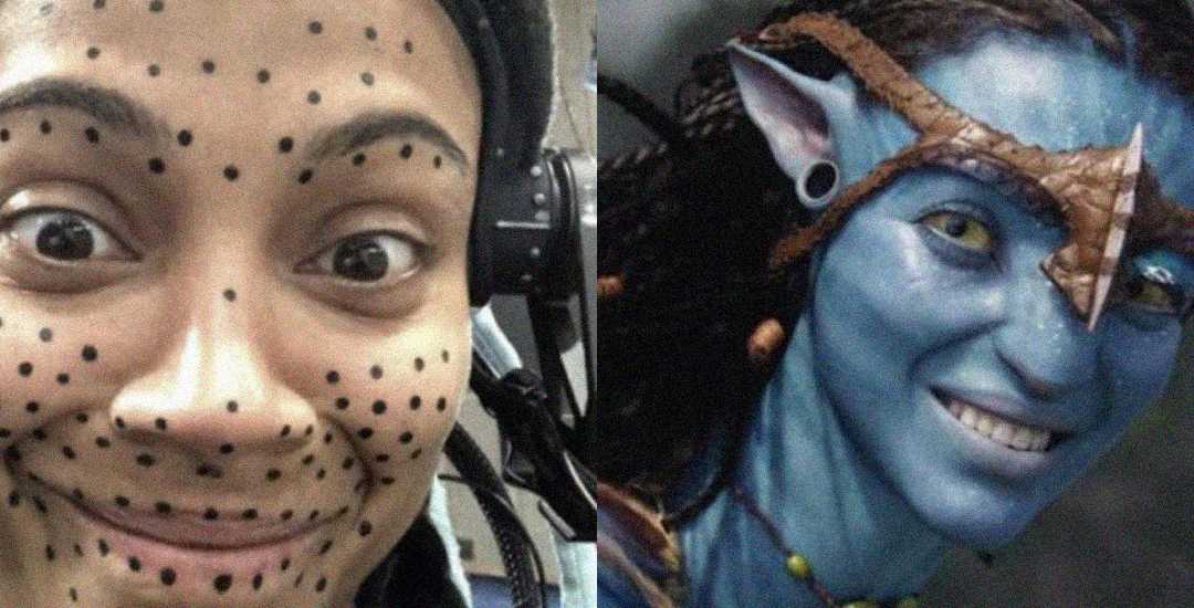 Side-by-side images: On the left, a person with black motion capture dots on their face, smiling. On the right, a blue-skinned, humanoid character from the movie "Avatar," also smiling.