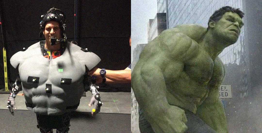 A split image showing an actor in a motion-capture suit with bulky padding on the left, and the CGI version of the Hulk character in a city setting on the right.