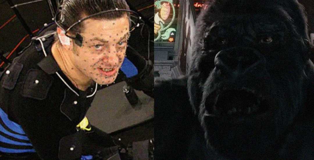 A person in a motion capture suit with facial markers is shown on the left, while a realistic computer-generated gorilla appears on the right, illustrating the transformation process in visual effects.