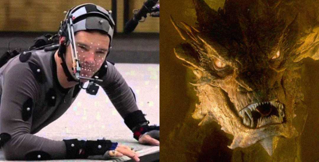 A person in a motion capture suit with facial sensors lies on the floor, next to a fierce, computer-generated dragon with glowing eyes and an open mouth showing sharp teeth.
