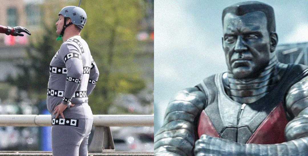 A split image shows an actor in a gray motion capture suit with markers on the left, and a CGI character with metallic skin and armor on the right.