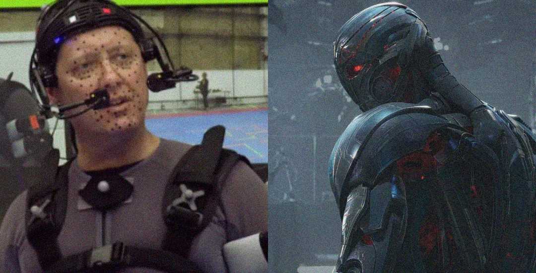 A man in a motion capture suit with facial markers is shown on the left, while on the right is a CGI robot character with glowing red eyes from a science fiction film.