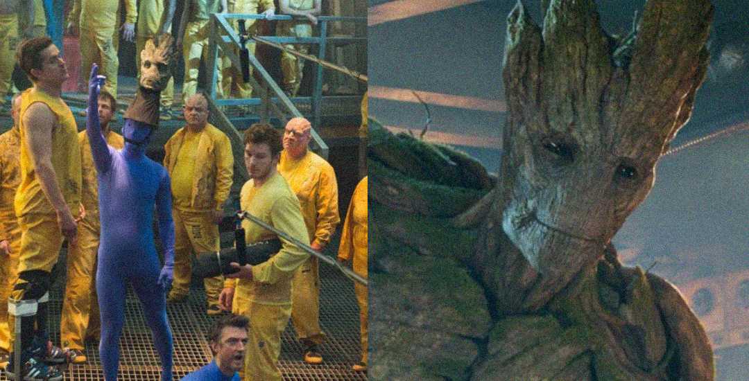 Behind the scenes of "Guardians of the Galaxy": On the left, crew films actors in yellow prison uniforms with a person in blue holding a Groot model. On the right is CGI Groot’s detailed face from the finished film.