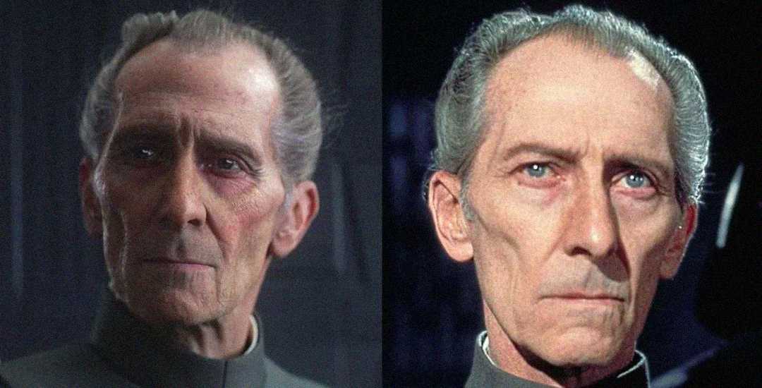 Side-by-side comparison of a CGI character on the left and a real actor on the right, both with similar facial features, wearing a dark uniform in a dimly lit setting.