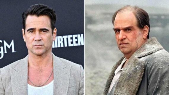 Colin Farrell wearing extensive prosthetic makeup as the Penguin in The Batman.