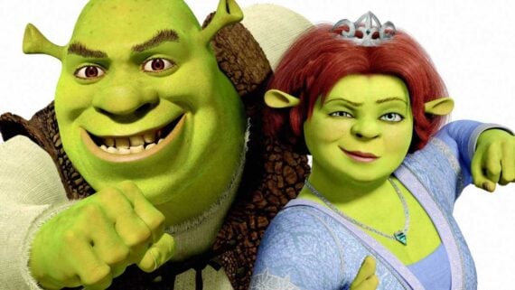 Shrek and Princess Fiona posing together in a promotional image from the Shrek movie.