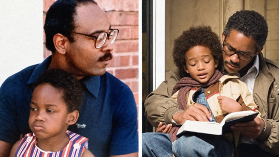 Side-by-side comparison of Chris Gardner with his son in real life and the movie scene of Will Smith with his son reading a book.