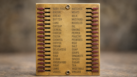 A vintage brass shopping list with sliding markers next to engraved grocery items like bread, butter, eggs, and coffee. Each item has a small red marker that can be moved to indicate selection.