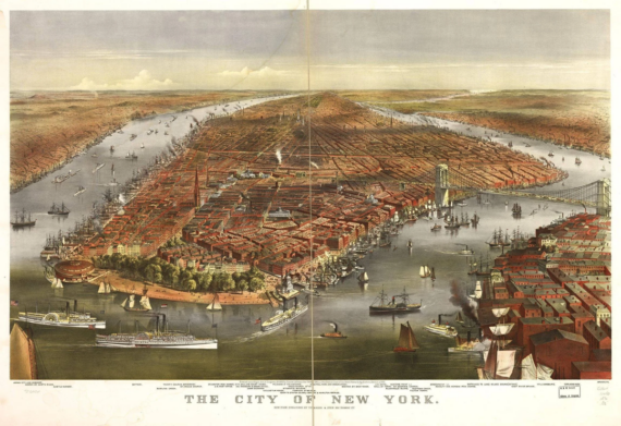 A vintage aerial illustration of New York City showing Manhattan surrounded by rivers, boats sailing, densely packed buildings, and the Brooklyn Bridge under construction in the background.