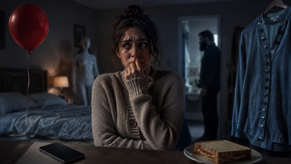 A worried woman sits at a table with a sandwich and phone, biting her nails. Behind her is a red balloon, a mannequin, and a man in a dimly lit bedroom with clothes hanging nearby. The atmosphere is tense and uneasy. Phobias
