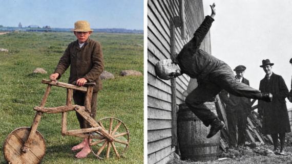 A side-by-side comparison showing a boy on a wooden push-bike in a field, and a man in a helmet performing a demonstration by leaning against a wall.