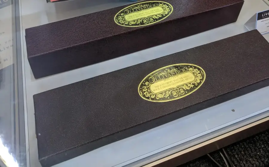 Two dark rectangular boxes with gold "Ollivanders" labels are displayed on a glass surface, resembling wand boxes from the Harry Potter series.
