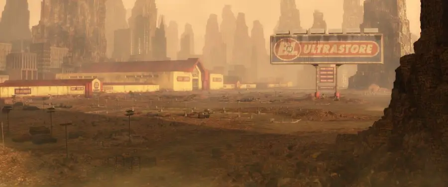 A desolate, dusty landscape with abandoned stores and a large “UltraStore” billboard. Rocky formations tower in the background under a hazy yellow sky, evoking a post-apocalyptic scene.