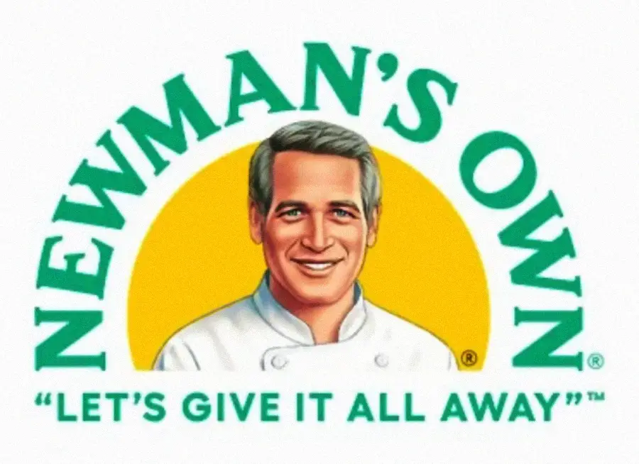 Logo for Newman's Own featuring an illustrated man in a chef's coat with gray hair, smiling in front of a yellow circle, with the text “NEWMAN’S OWN” above and “LET’S GIVE IT ALL AWAY” below.