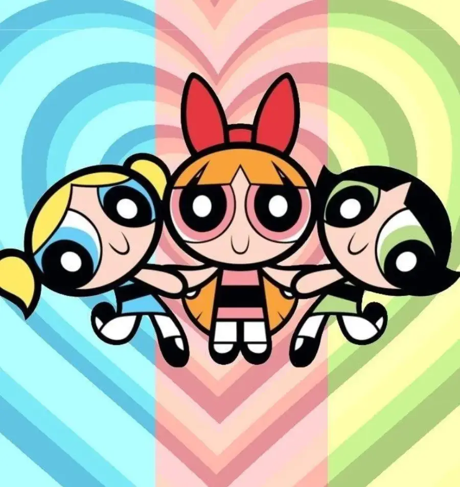 Three cartoon girls with big eyes—one blonde in blue, one redhead in pink, and one black-haired in green—stand together smiling with arms linked, against a colorful, heart-patterned background.