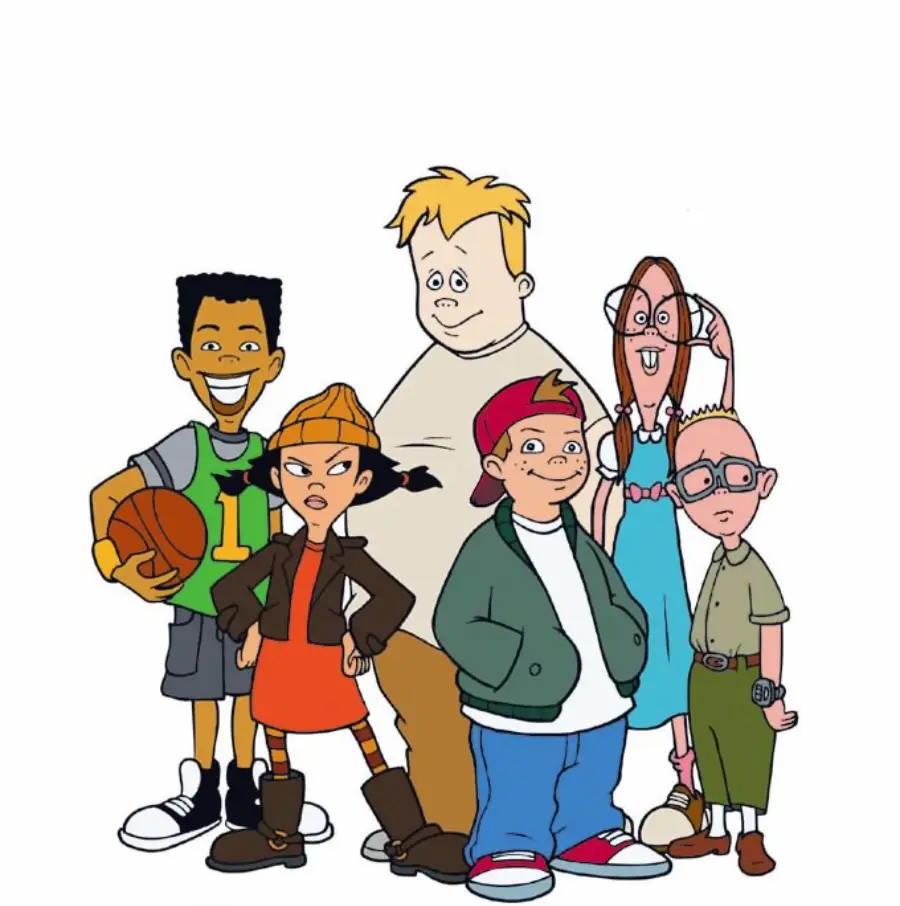 Six cartoon kids stand together, each with a unique style. One holds a basketball, another wears an orange beanie, while others sport glasses, a green jacket, and blue overalls. They look friendly and expressive.